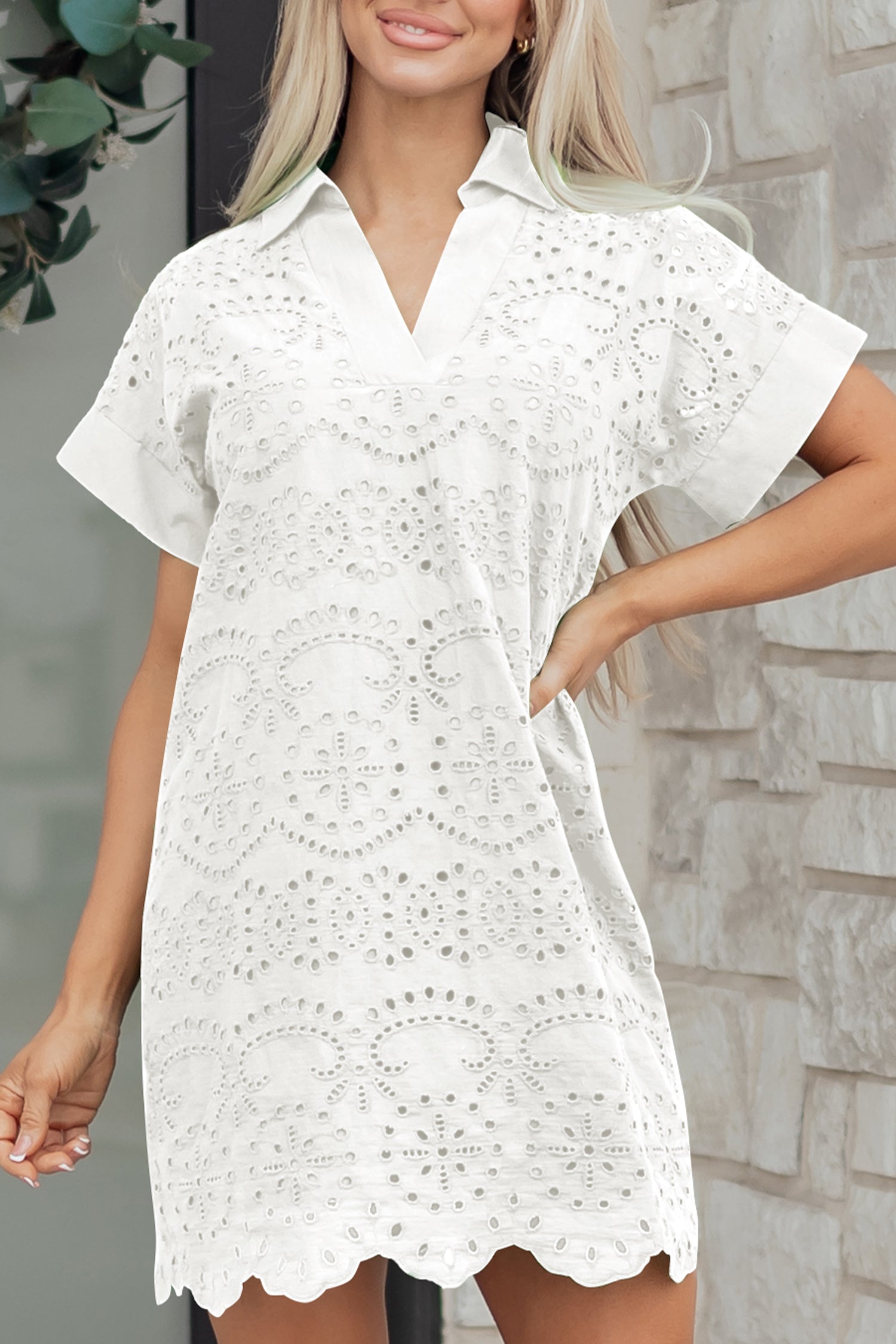 Green Solid Color Eyelet Embroidered T Shirt Mini Dress