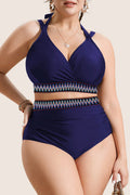 Navy Blue Embroidered Trim Wrap Tie Knot Plus Size High Waisted Bikini Set