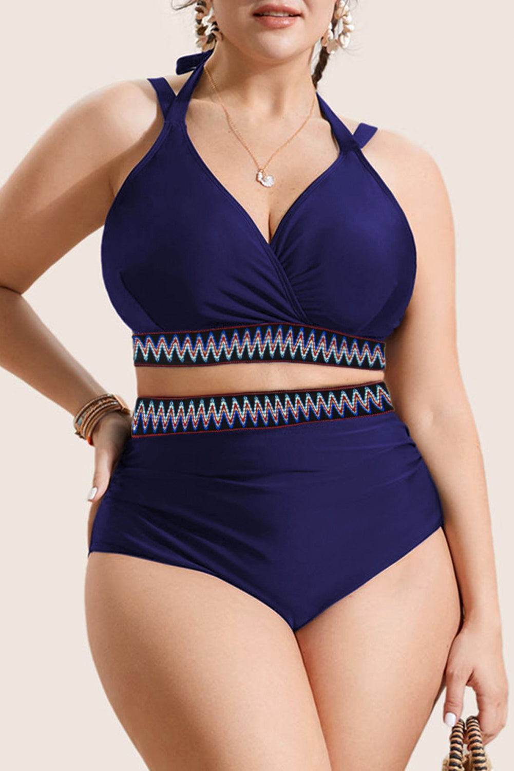 Navy Blue Embroidered Trim Wrap Tie Knot Plus Size High Waisted Bikini Set