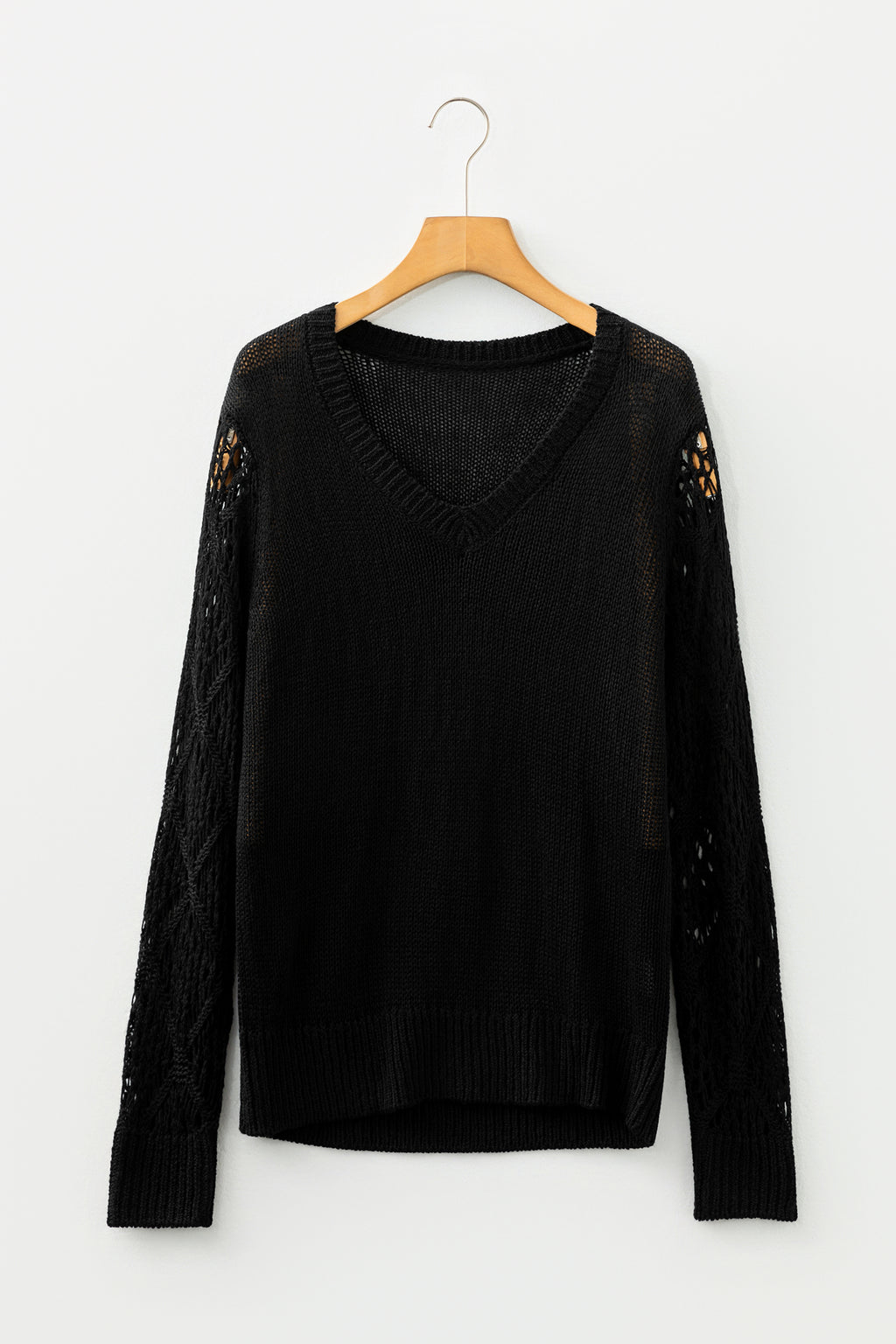 Jet Stream Solid V Neck Pointelle Knit Sleeve Patchwork Sweater