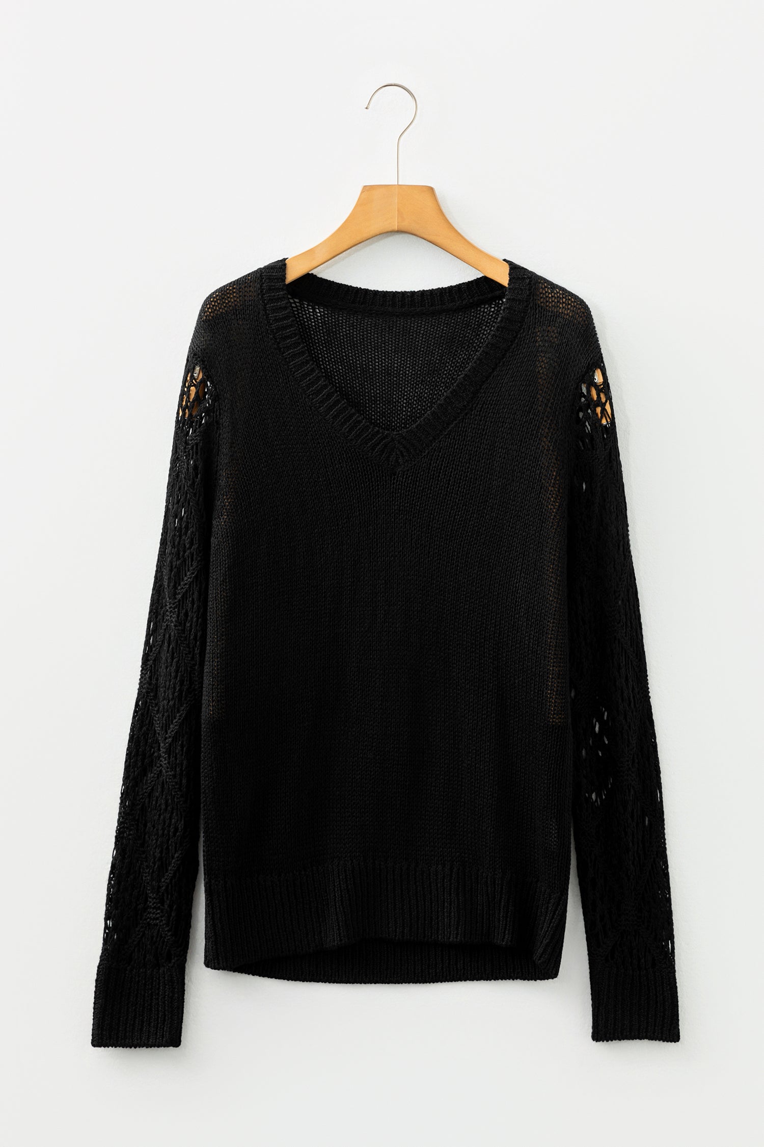 Jet Stream Solid V Neck Pointelle Knit Sleeve Patchwork Sweater