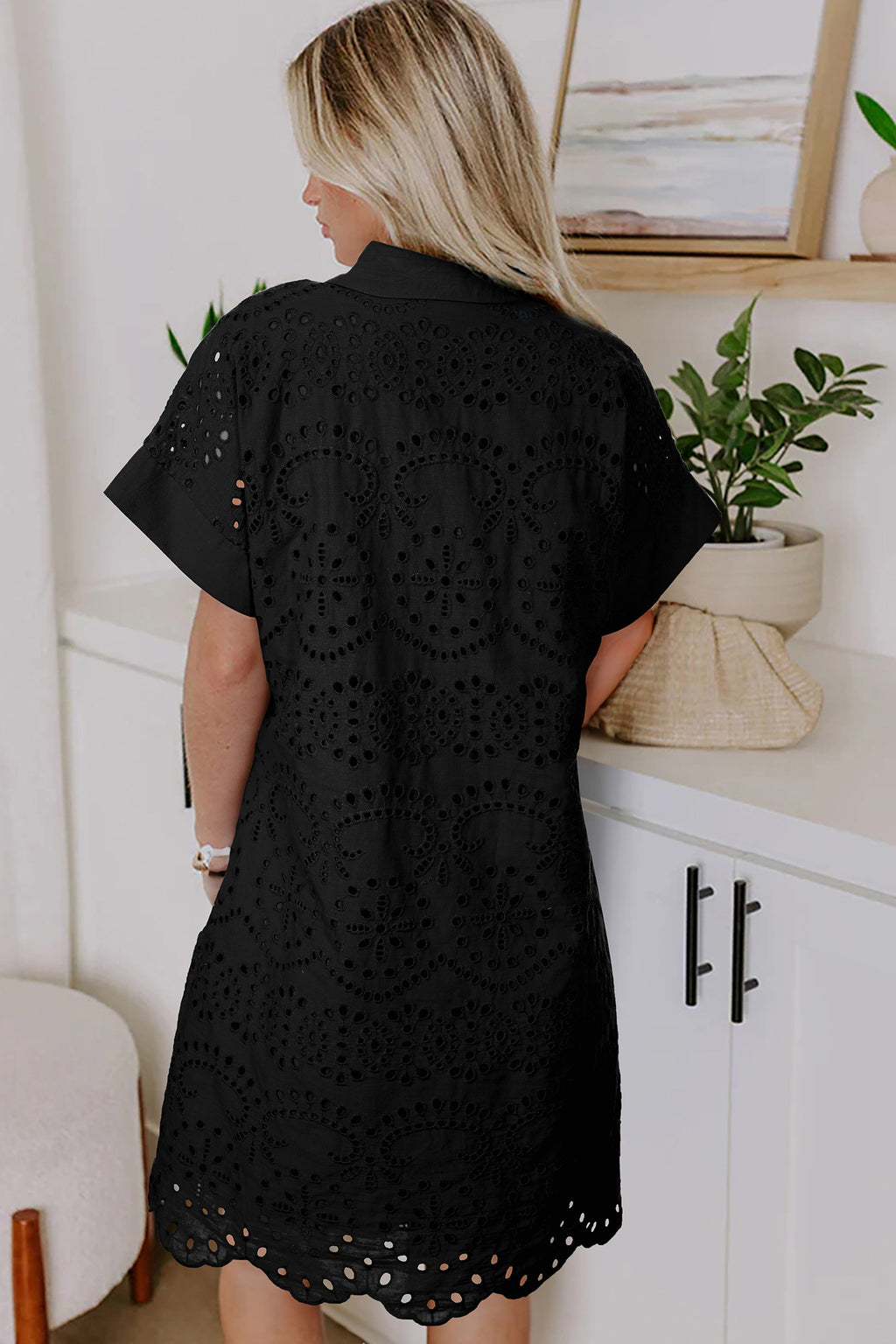 Green Solid Color Eyelet Embroidered T Shirt Mini Dress