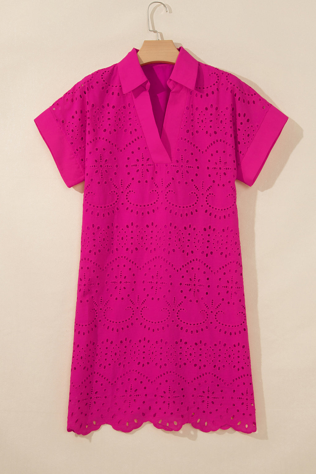Green Solid Color Eyelet Embroidered T Shirt Mini Dress