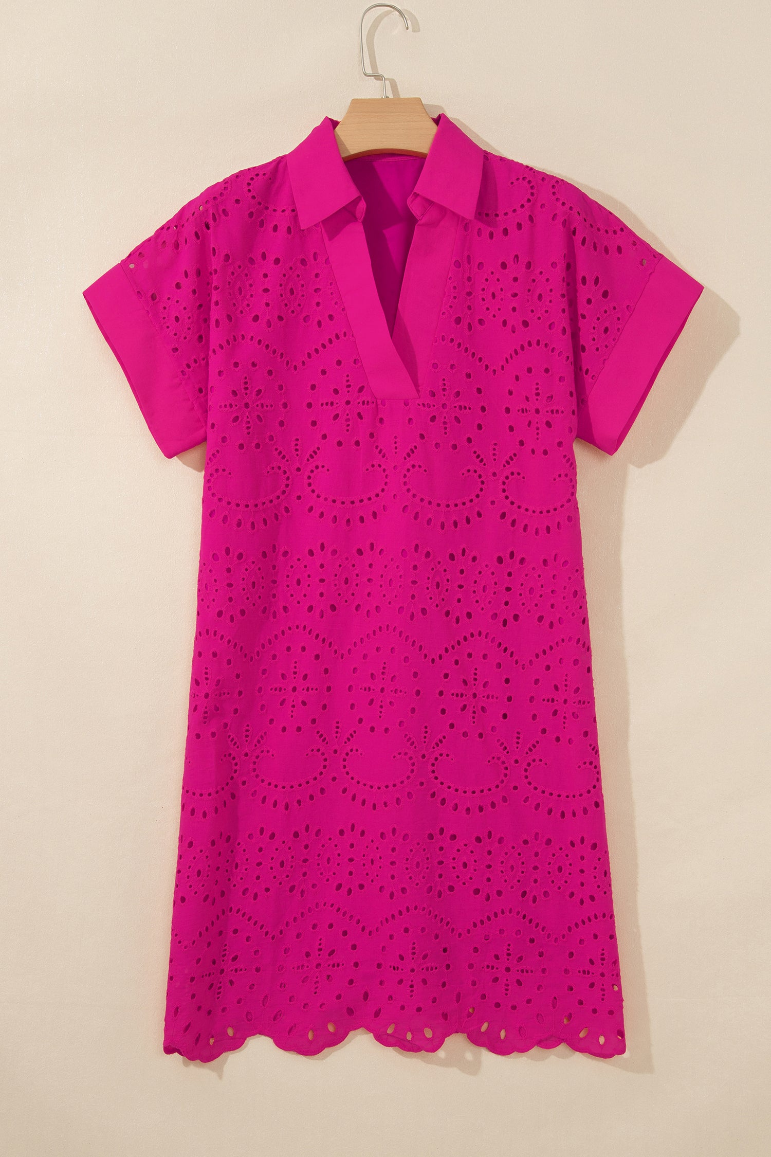 Green Solid Color Eyelet Embroidered T Shirt Mini Dress