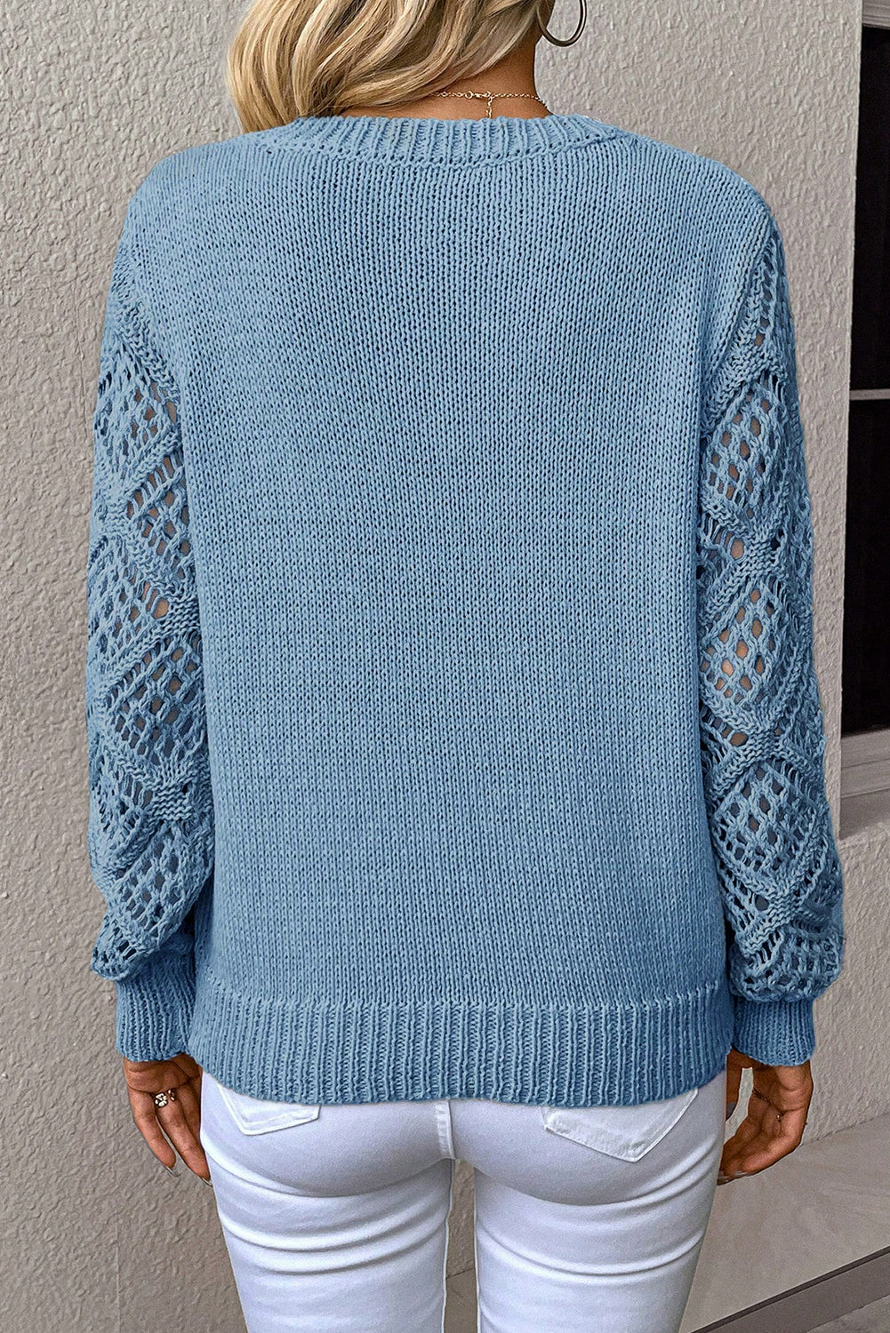 Jet Stream Solid V Neck Pointelle Knit Sleeve Patchwork Sweater