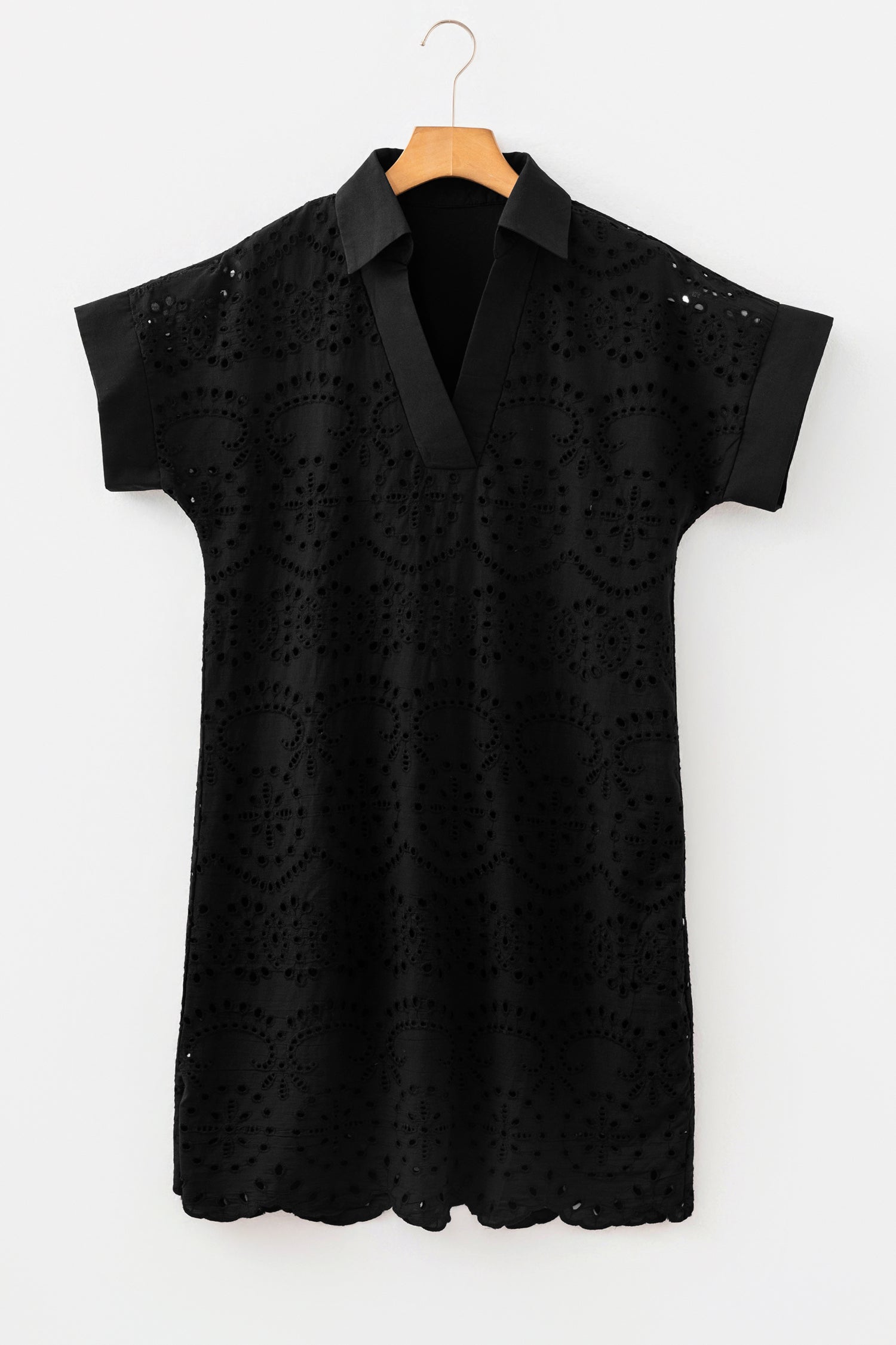 Green Solid Color Eyelet Embroidered T Shirt Mini Dress