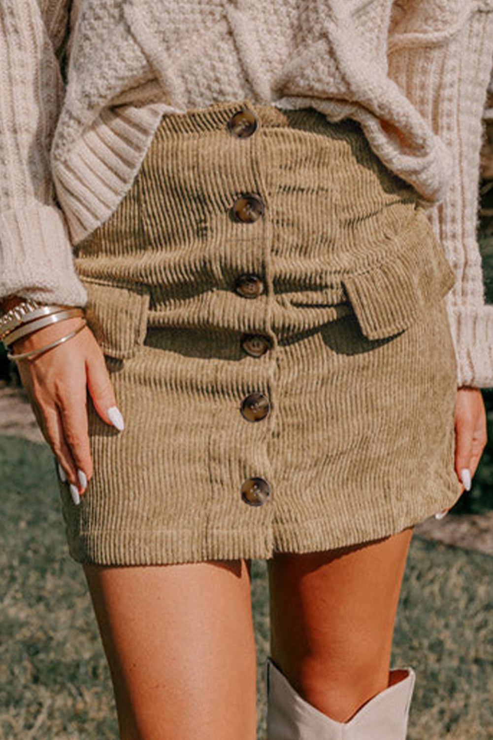 Camel Corduroy Buttoned Front Faux Pockets Mini Skirt